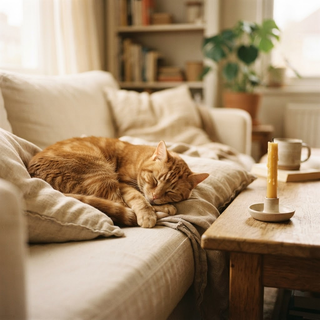 A tabby cat curled up asleep on a linen sofa beside an unlit beeswax candle