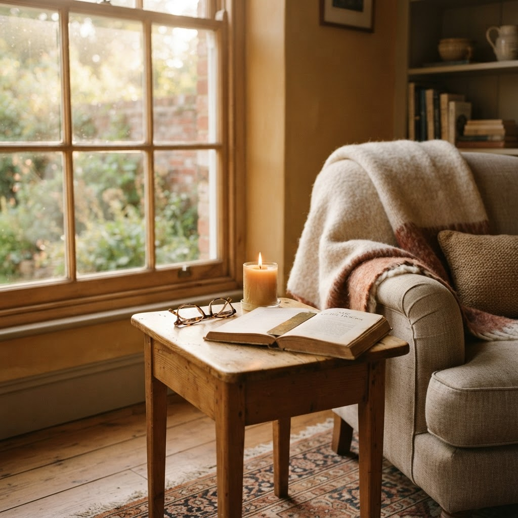 A lit beeswax candle on a wooden side table in a cozy, sunlit living room